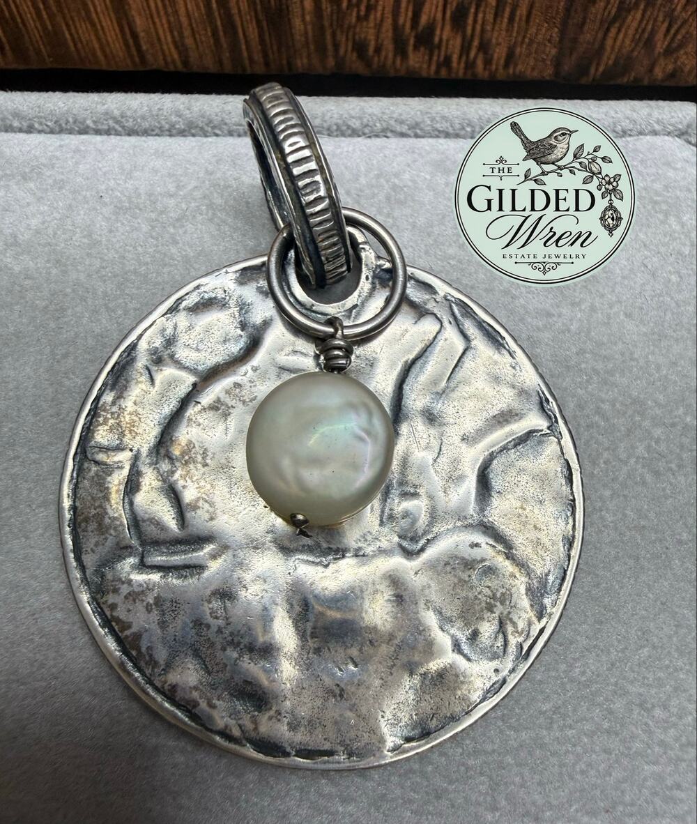 Silpada S1955 Sterling Silver Reversible Coin Pearl Pendant 2.5 Inch